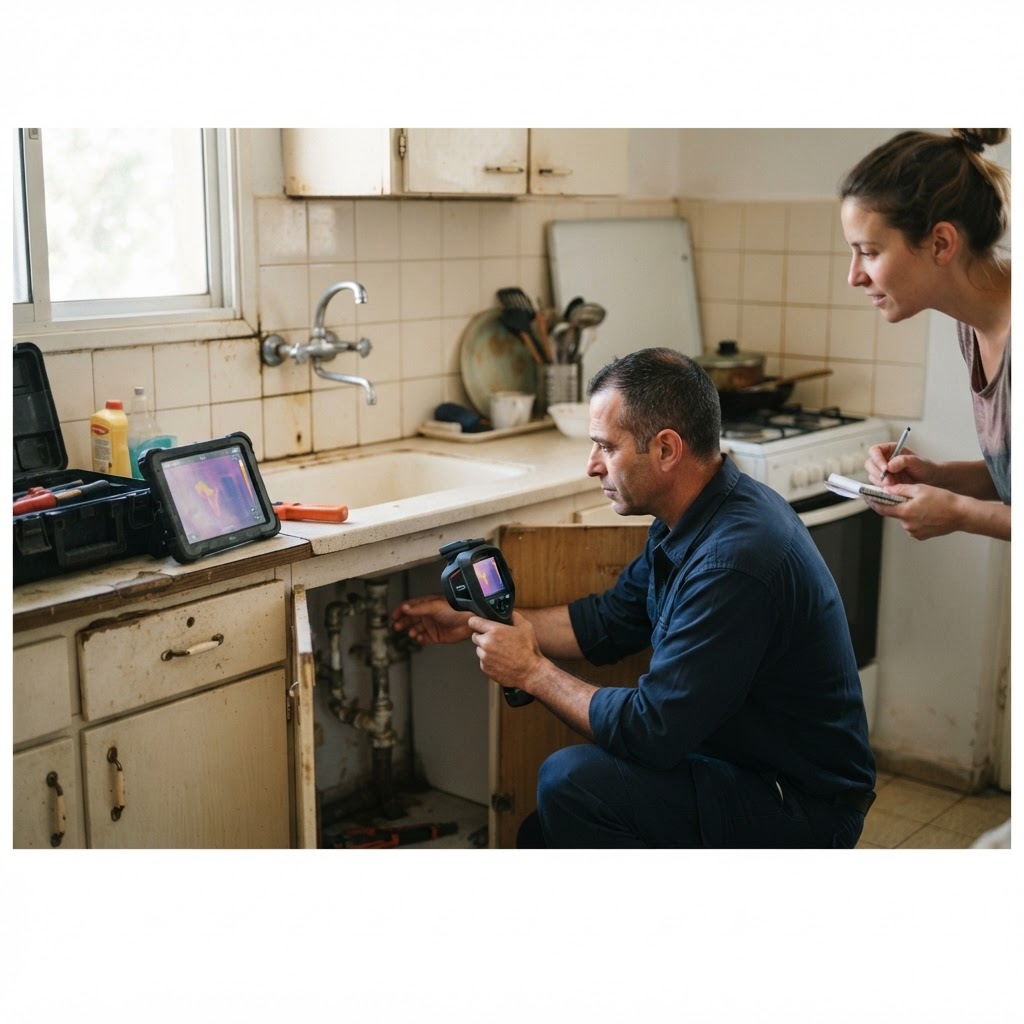 אינסטלטור בודק מערכת צנרת בדירה חדשה או יד שנייה